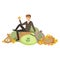 Happy rich successful businessman character sitting on a pile of money bags and precious stones vector Illustration