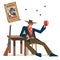Happy robber celebrating a successful RAID. The Wild West Saloon. Vector flat cartoon illustration