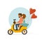 Happy romantic cheerful couple riding scooter with heart shaped balloons