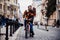 Happy romantic couple on bicycle in the street stock photo