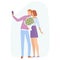 Happy romantic couple taking a selfie. Young man and woman with a bouquet of flowers. Vector illustration. Cartoon style