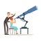 Happy romantic elegant couple in love looking looking at stars in the sky using a telescope colorful characters