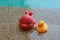 Happy rubber fish and ducky floating toy in daylight