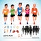 Happy runner group with running kit elements and silhouette. cha