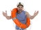 Happy sailor with orange ring buoy on white background