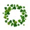 Happy Saint Patrick`s day background with realistic shamrock leaves, decorative frame template, vector illustration