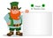 Happy Saint Patrick`s Day. Cartoon happy leprechaun standing near big blank sign.