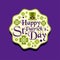 Happy Saint Patrick s day greeting card label, text and quatrefoil leaf clover, colorful badge. Decoration for holiday