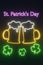 Happy Saint Patrick's Day night party neon glowing light Shamrock signboard 3d rendering. Irish holiday beer mug
