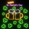 Happy Saint Patrick's Day night party neon glowing light Shamrock signboard 3d rendering. Irish holiday beer mug