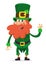 Happy Saint Patrick`s Day. Smiling cartoon character leprechaun with green hat waving hand. Vector illustration.