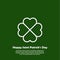 Happy Saint Patricks day card with outline Shamrock Icon. Line four leaf clover pictogram. Minimal abstract background