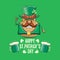 Happy saint patricks day greeting card with funky leprechaun rock star potato character with green particks hat and beer