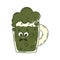 Happy Saint Patricks Day retro sticker. Funky groovy cartoon character green beer in a glass glass. Vintage funny mascot
