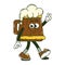 Happy Saint Patricks Day retro sticker. Funky groovy cartoon character walking beer mug in wooden glass. Vintage funny