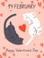 Happy Saint Valentine's day postcard design with cute cats, hearts. 14 February, love romantic holiday, Valentines