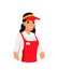 Happy saleswoman character, woman in red hat and apron standing and greeting buyers