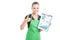 Happy saleswoman holding clipboard with charts