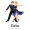 Happy Salsa dancers couple on white icon pictogram, man and woman in dress dancing with passion