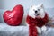 Happy samoyed dog wrapped in red new year`s rain sittin on the sofa near the big heart, valentine`s day concept