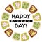 Happy sandwich day wreath. Toast bread sandwiches healthy poster. Breakfast or lunch vegan food. Stock vegetarian food print