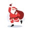 Happy Santa claus is carry a sack of gift is ready to work. cheer up. raise hand up. Vector illustration