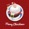 Happy Santa Claus in costume ringing bell and smiling. Christmas poster or banner. Cartoon style. Red pattern with icons backgroun