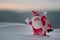 Happy Santa Claus Doll on Christmas time with tree and snow. Blurred outdoor background. Santa Clause and Merry Christmas model fi