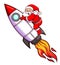 The happy santa claus is flying with the big turbo rocket in the sky