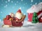 Happy Santa Claus with gifts box on the snow sled going to snow house. near snow house have Snowman and Christmas Tree.