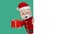 Happy Santa Claus holding red gift box  from behind the white signboard with copy space on green background. Christmas and New Yea