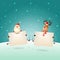 Happy Santa Claus and Reindeer jumping with boards on winter landscape - Christmas template greeting