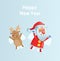 Happy Santa Claus and reindeer making a Snow Angel. Flat vector illustration on blue background.