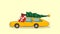 Happy santa claus ride retro wagons family car carrying christmas tree on the roof smile and wave hands . Hand drawn style vector