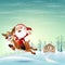 Happy santa claus riding a reindeer jumping on snow