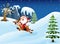Happy santa claus riding a reindeer jumping on snow downhill