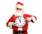 Happy Santa in eyeglasses pointing at clock showing five minutes