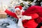 Happy Santa grandfather deliver gifts. Smiling Santa Claus in Christmas suits in snowy winter mountain. New Year and