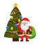 Happy Santa Standing Bag Near Decorated Xmas Tree