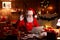 Happy Santa waving hand video calling child on laptop sitting at home table.