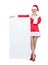 Happy Santa woman holding big white vertical empty banner, isolated on white background. File contains a path to isolation.