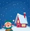 Happy santas helper over house and snowy night background