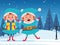 Happy santas helpers with gift box over snowy night background, colorful design