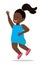 Happy school African kid wearing blue dress and jumping. Cartoon character has fun, runs, jumps, plays. Afro girl
