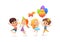 Happy school children with the balloons and birthday hats joyfully jumping against white background. Birthday party