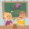 Happy school children in class, vector illustration. Boy and girl eating lunch together in classroom. Smiling kids in