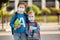 Happy schoolchildren in protective masks