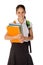 Happy schoolgirl standing with book in hands