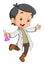 The happy scientist is walking with a funny pose while holding a poison