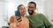 Happy, selfie and black couple on sofa online for social media, internet and profile picture. Love, dating and man and